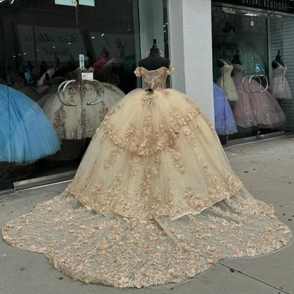 Champagne Off the Shoulder Ball Gown Applique Quinceanera Dress with Train     fg8023