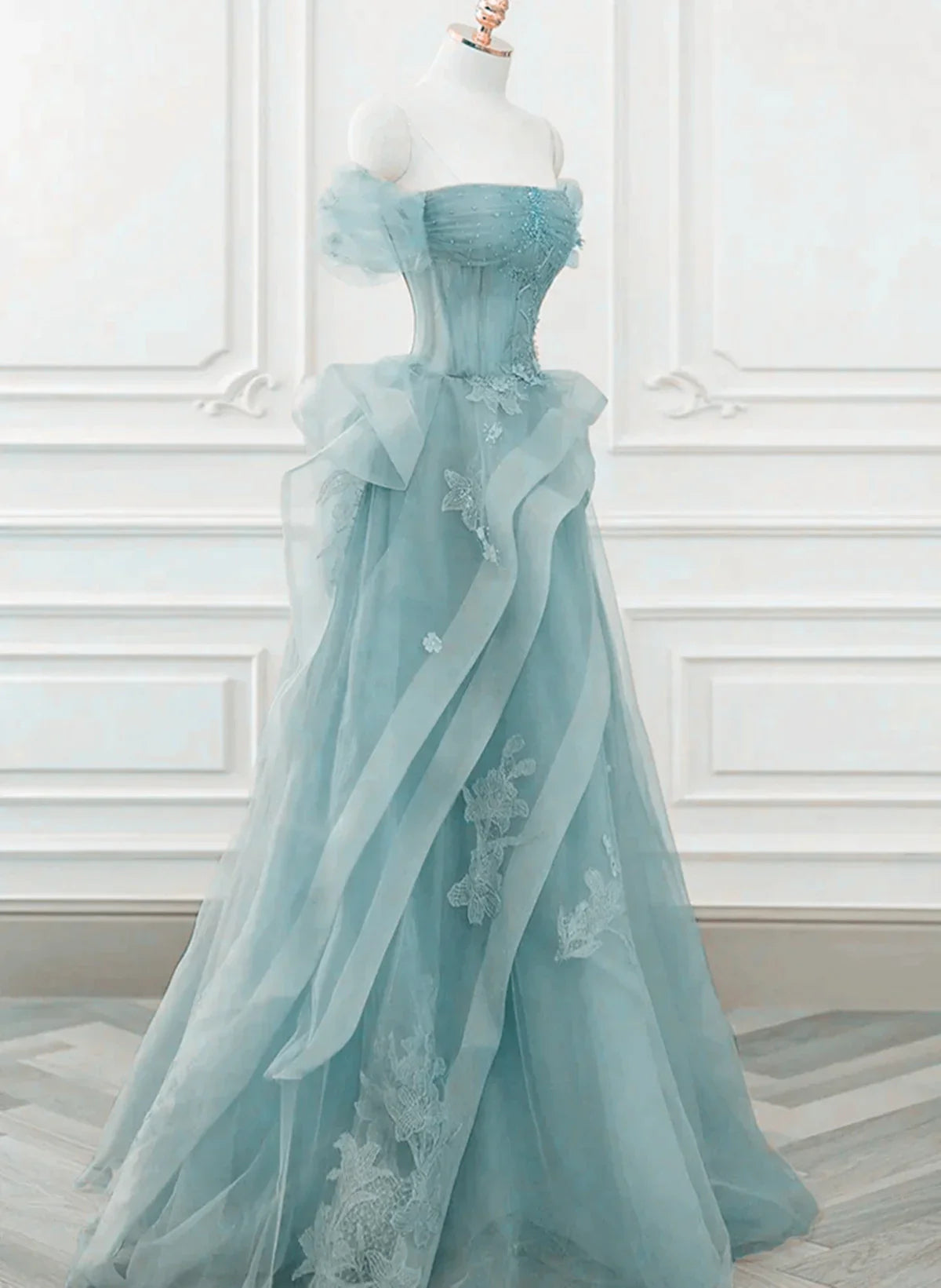 Tulle Off Shoulder Beaded Lace Long Prom Dress, Formal Dress      fg4913