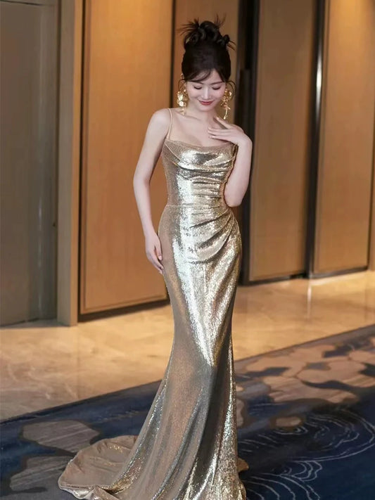 Gold Sequin Mermaid Long Prom Dress Sexy Evening Dresses   fg7667
