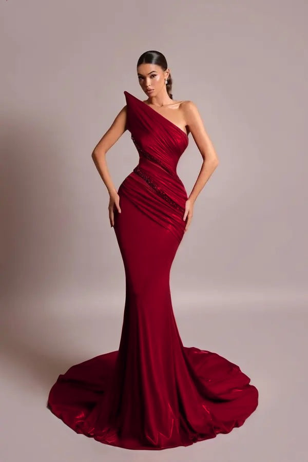 Red Strapless Long Prom Dress Mermaid Sleeveless with Sequins