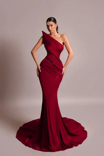 Red Strapless Long Prom Dress Mermaid Sleeveless with Sequins