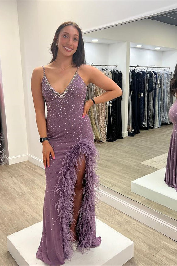 Purple Long Spaghetti-Straps Beads Prom Dress With Feather