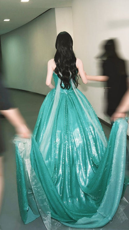 Gorgeous A Line Strapless Green Sequin Long Sweep Party Dress Evening Dress SH2879