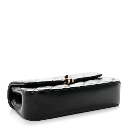 Lambskin Quilted Rectangular Phone Holder Clutch With Chain Black