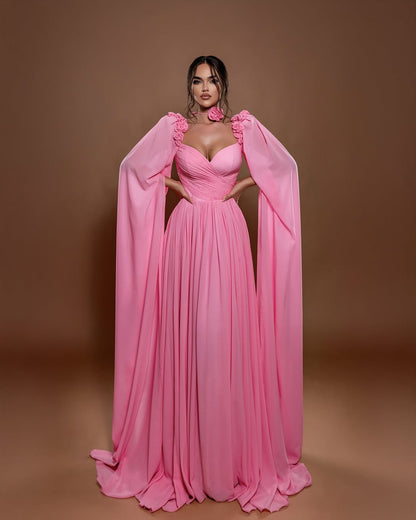 Chic A Line Sleeveless Long Pleated Prom Dress With Shoulder Cape
