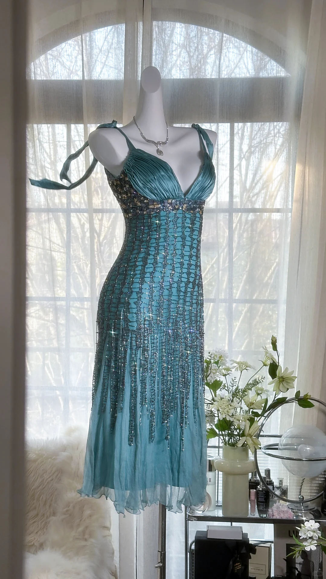 Elegant Blue Sparkling Beaded Spaghetti Strap V-neck Romantic Chiffon Evening Dress Prom Dresses D1463