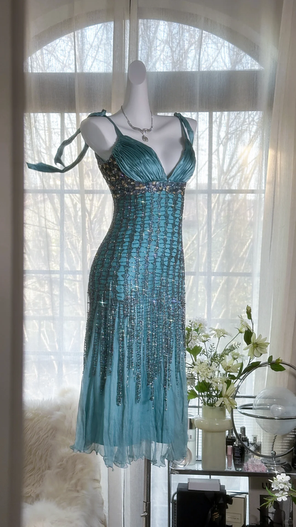 Elegant Blue Sparkling Beaded Spaghetti Strap V-neck Romantic Chiffon Evening Dress Prom Dresses D1463