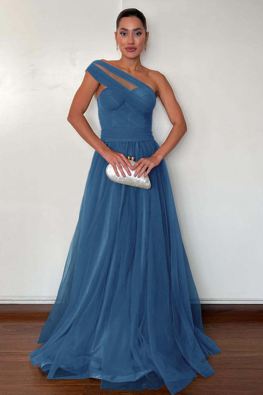 Stunning Green Tulle One Shoulder Sleeveless Long Prom Dress with Pleated