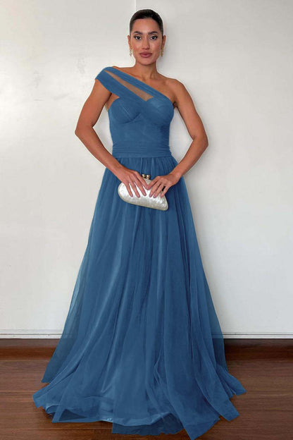 Stunning Green Tulle One Shoulder Sleeveless Long Prom Dress with Pleated