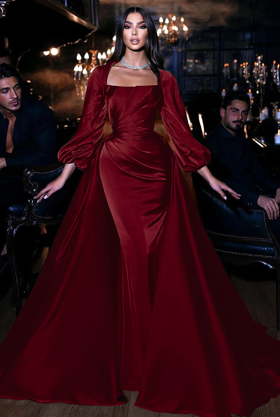 Square Emerald Long Sleeves Mermaid Prom Dress With Ruffles