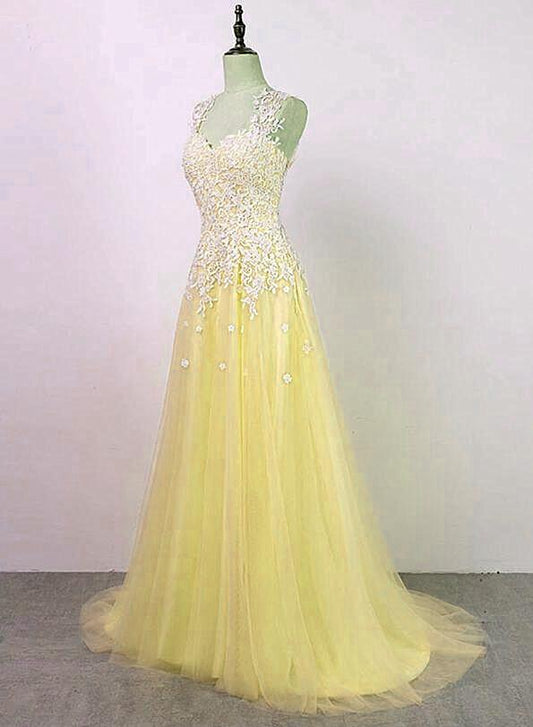 Yellow Tulle with Applique Long Party Dress, Charming Junior Prom Dress KS5990