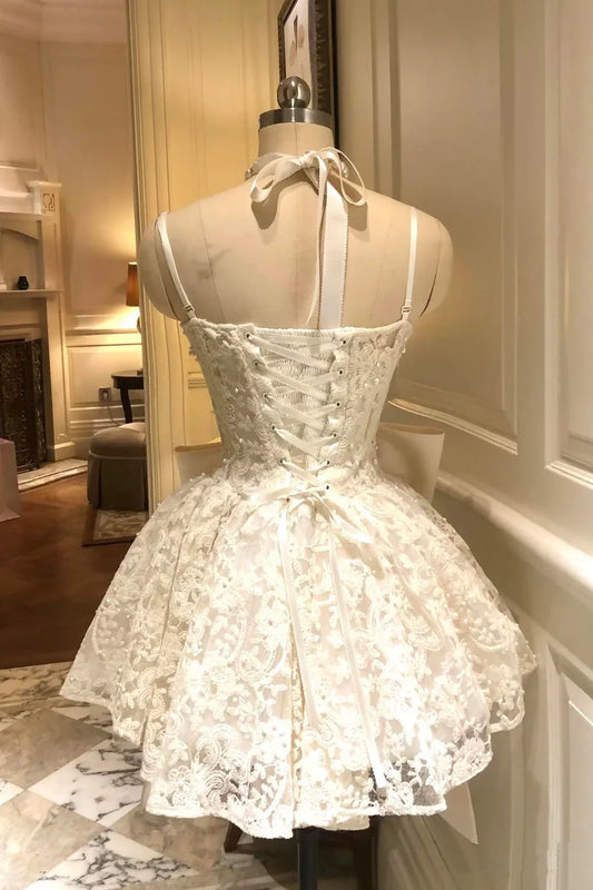 Chic Homecoming Dress Spaghetti Straps Lace Bowknot Beaded Applique Short Prom Dress Back to School Outfits Party Dress  D6032