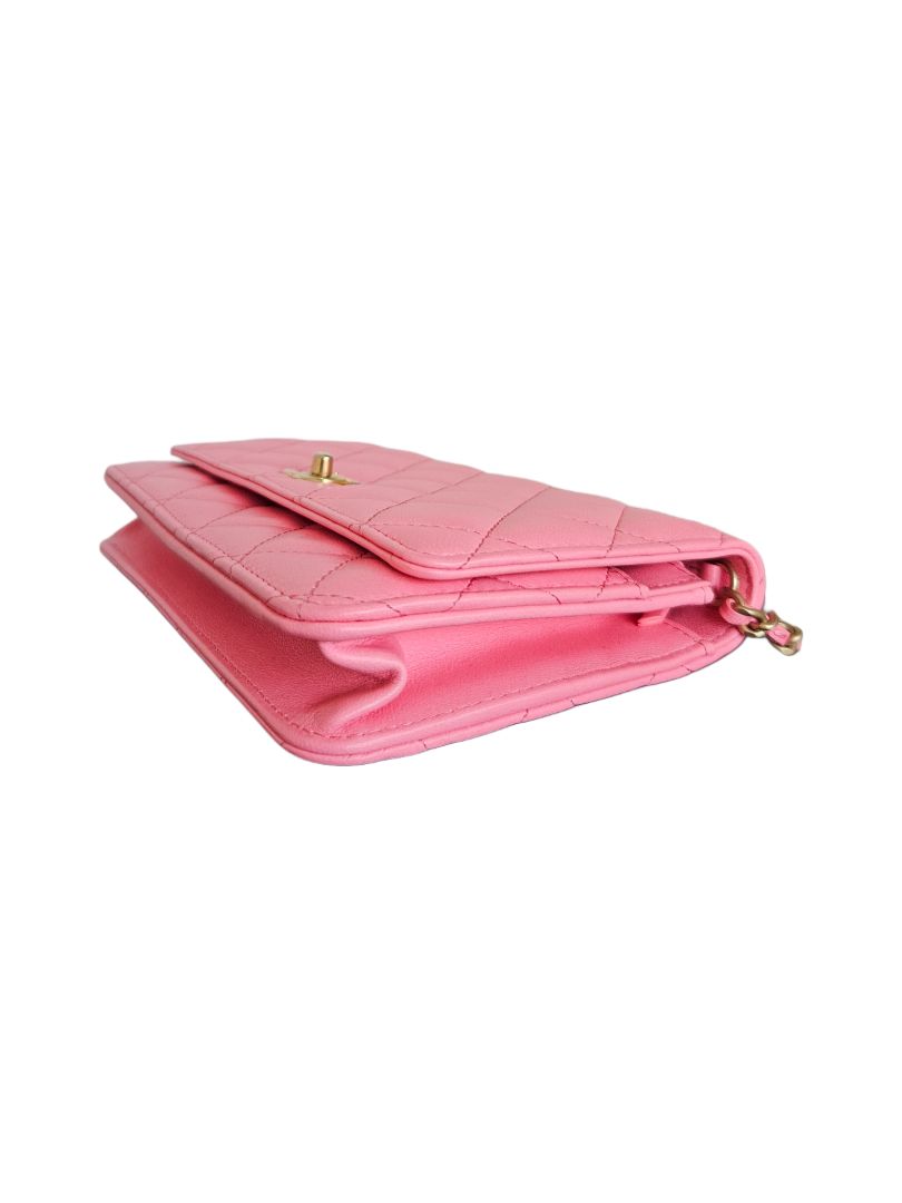 Chanel Pink Lambskin Quilted CC Pearl Crush Wallet On Chain