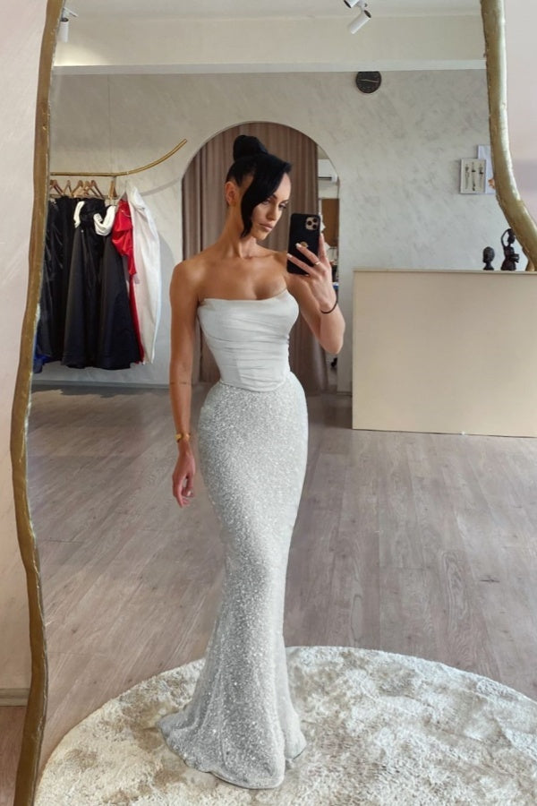 Pink Satin Sequins Spliced Strapless Mermaid Prom Dress