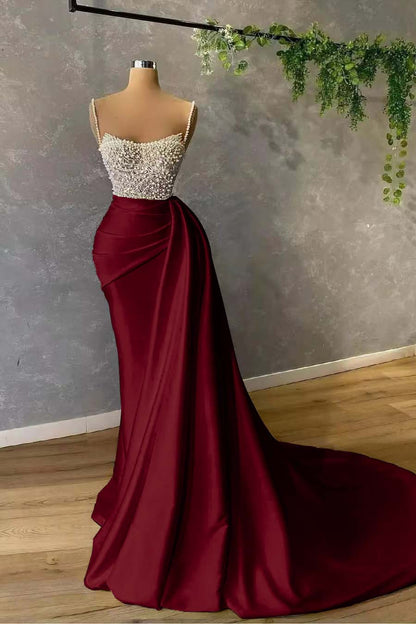 Gorgeous Spaghetti-Straps Pearl Mermaid Evening Dress With Sequins Pleated