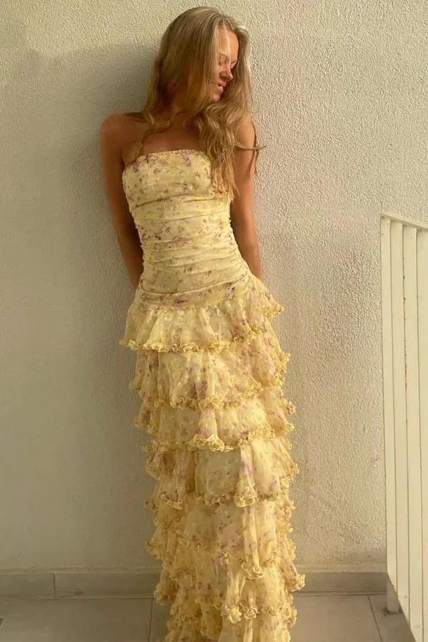 Glamorous Daffodil Sleeveless Strapless Long Evening Dress With Ruffles