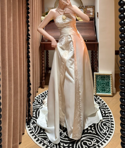 Fashion Strapless Satin Embroidery Beaded Mermaid Party Dress Evening Gown Ivory Long Wedding Guest Dress D2049