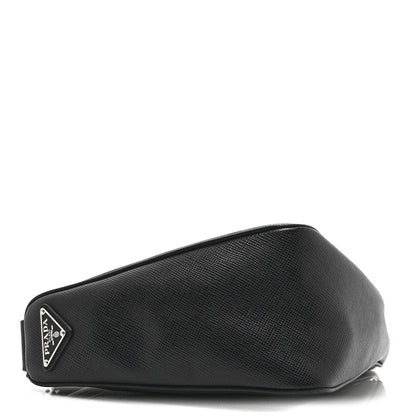 Saffiano Cuir Triangle Logo Embossed Triangle Shoulder Bag Black