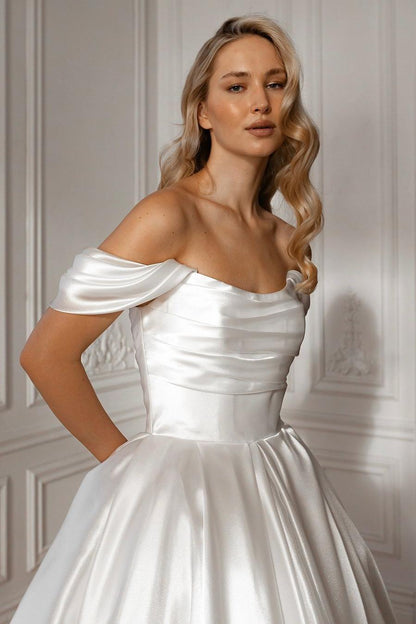 Exquisite White Satin Strapless Off the Shoulder A Line Prom Dress with Ruffles