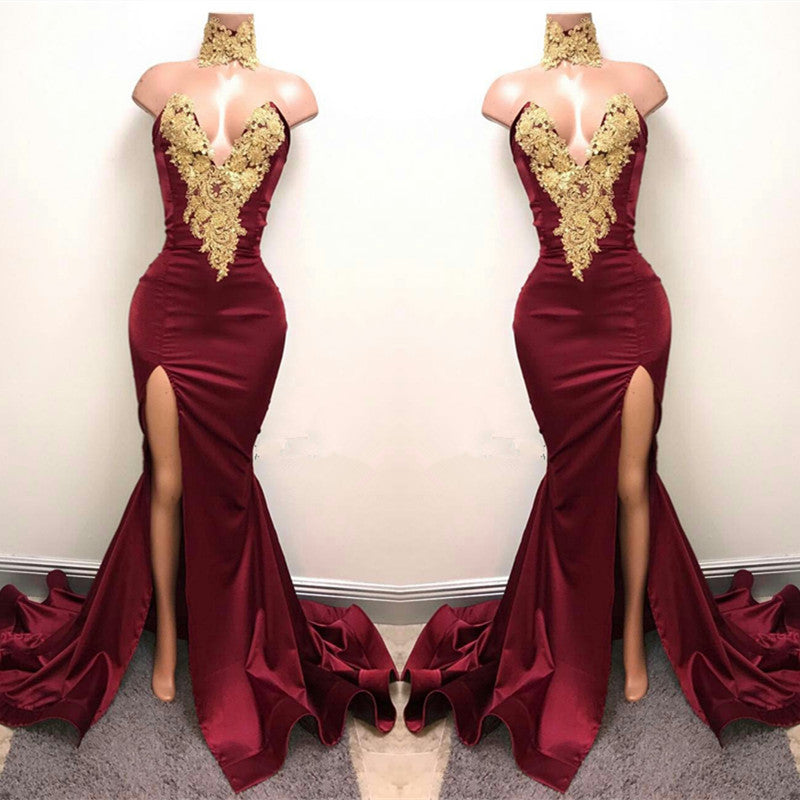 Mermaid Burgundy V-Neck Prom Dress Split With Lace Appliques