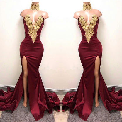 Mermaid Burgundy V-Neck Prom Dress Split With Lace Appliques