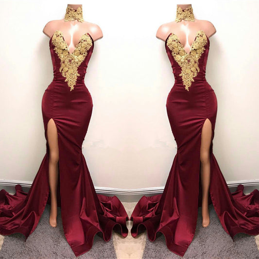 Mermaid Burgundy V-Neck Prom Dress Split With Lace Appliques