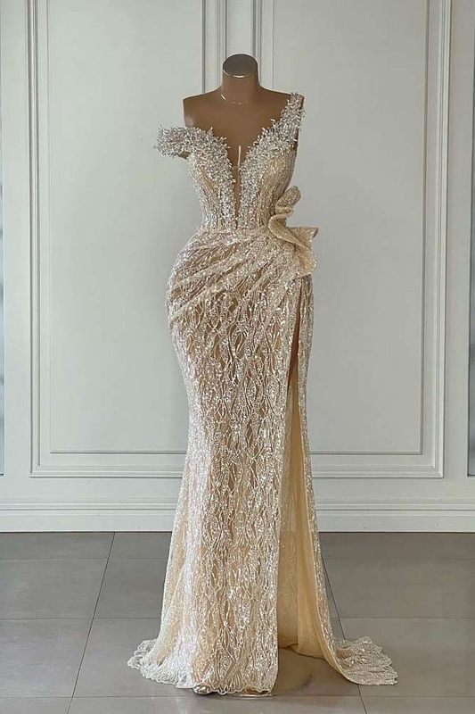 Gold Off-Shoulders Sleeveless Deep V-neck Prom Dress With Split