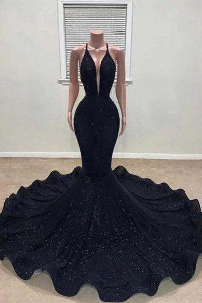 Black Mermaid Halter Prom Dress With Sequins
