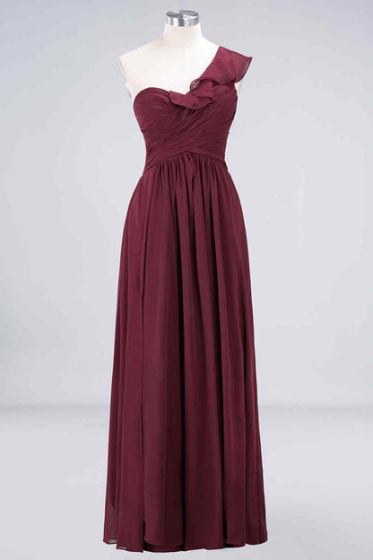 Burgundy A-line Asymmetrical Ruffle Neck Pleated Chiffon Long Bridesmaid Dress