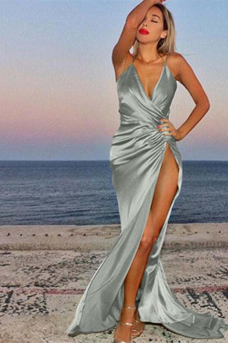 Green V-Neck Mermaid Prom Dress Sleeveless With Slit
