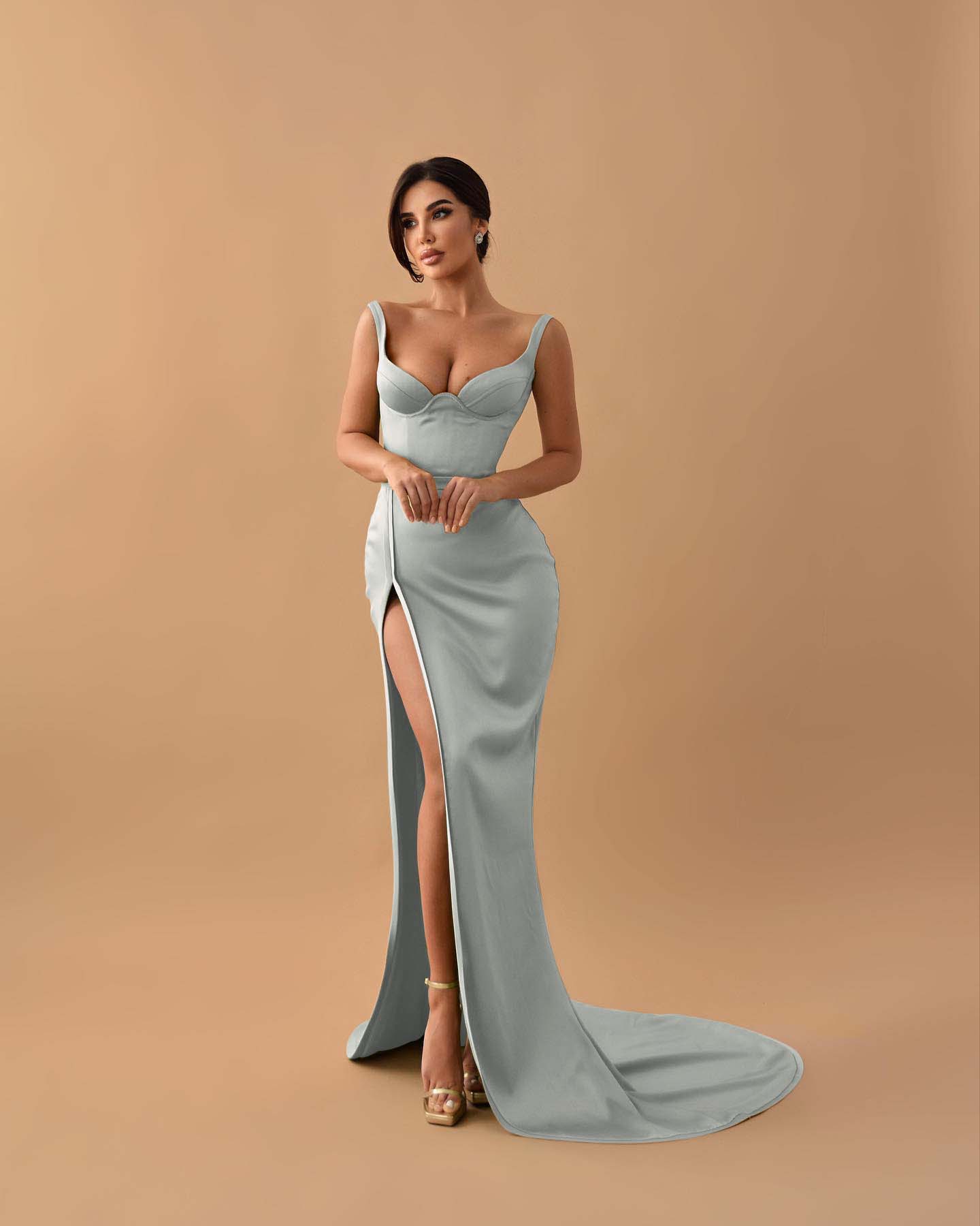 Sage Mermaid Spaghetti Straps Prom Dress With Slit