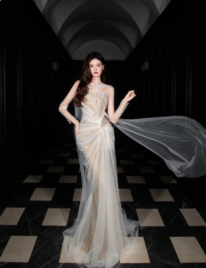 Dreamy Mermaid Strapless High-Slit Rhinestone Tulle Long Prom Dress Evening Dress P4103