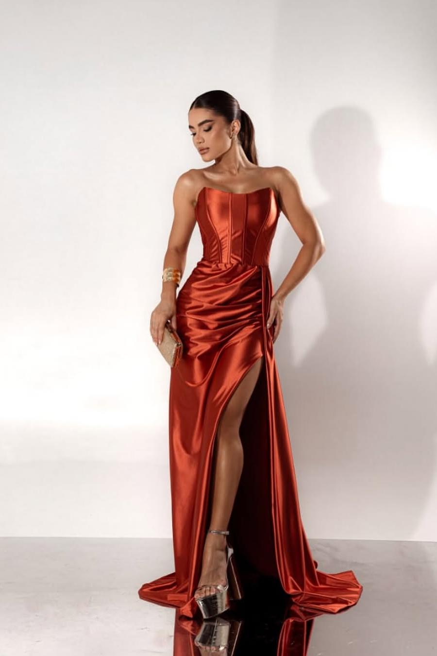 Beautiful Burgundy Satin Sleeveless Strapless Long Pleated Prom Dress with Split