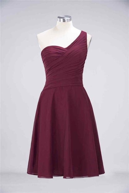 Burgundy A-line Asymmetrical Neck Pleated Chiffon Mini Bridesmaid Dress