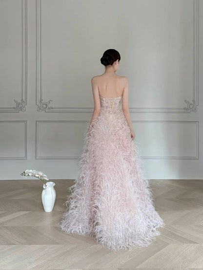 Elegant Light Pink A-line Strapless Feather Long Prom Dress Evening Dress P4104