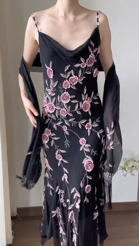 Chiffon Black Prom Party Dress With 3D Flowers Vintage Flora Evening Dress  fg8698