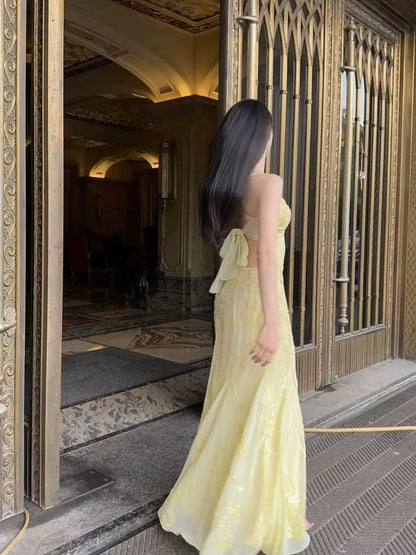 Elegant Mermaid Spaghetti Straps Yellow Chiffon Long Prom Dresses Evening Dress SH2838