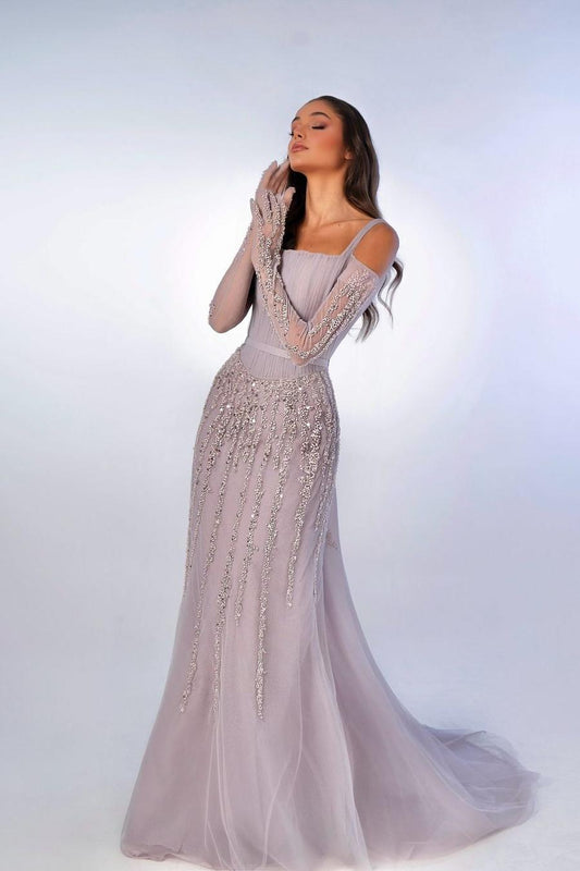 Charming Lilac Chiffon Spaghtti Strap Long Sleeves Prom Dress with Sequins