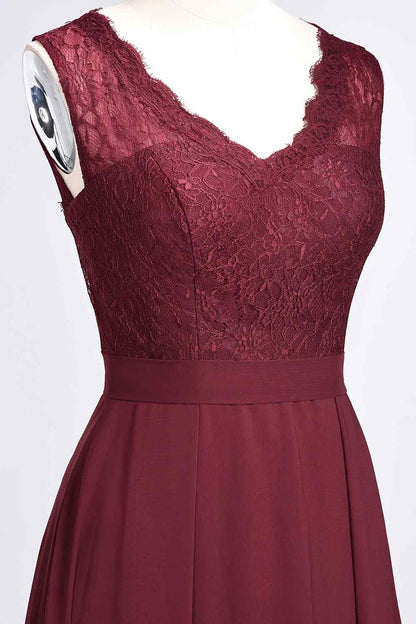 Burgundy A-line Illusion Lace Neck Chiffon Long Bridesmaid Dress