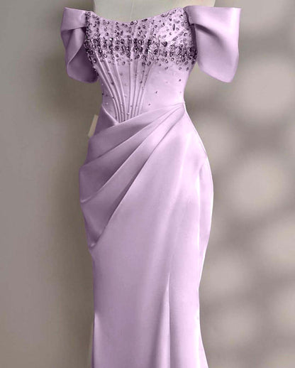 Blushing Pink A-Line Off-the-Shoulder Beads Prom Dress with Pleated