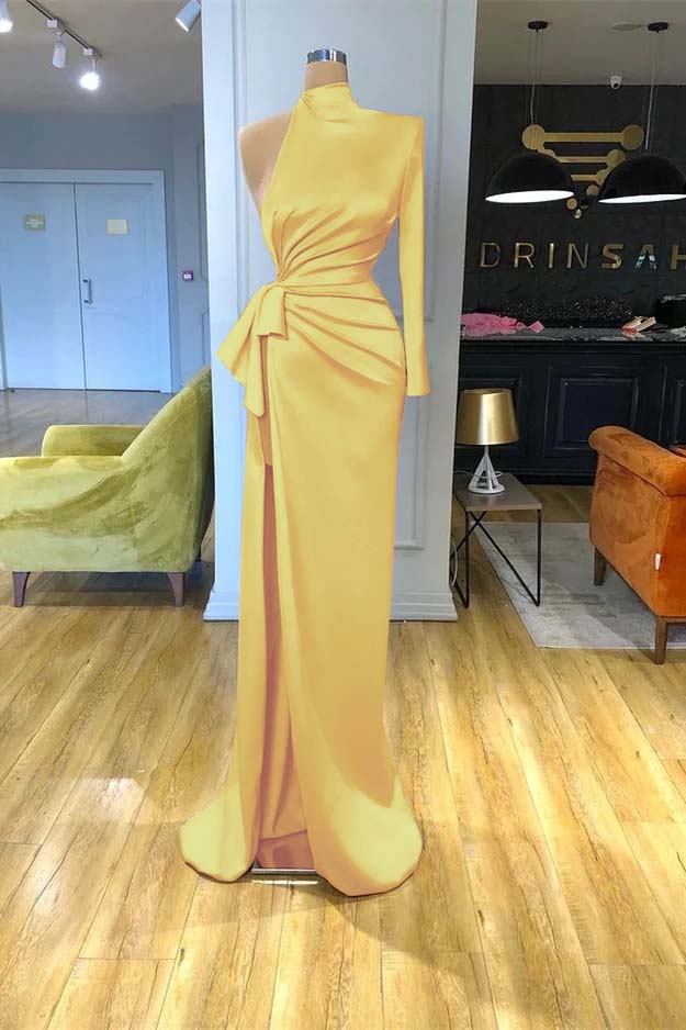 High Neck Champagne Mermaid Prom Dress Long Sleeves Split