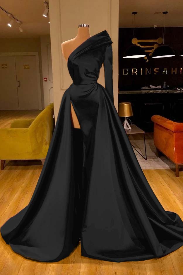 One Shoulder Slit Long Sleeves Prom Dress Overskirt
