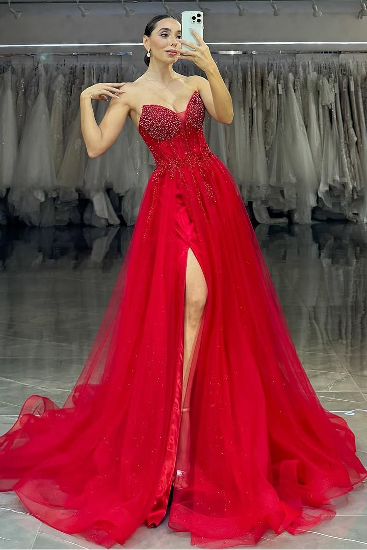 Shinning Red Tulle Sleeveless Sweetheart Strapless Split Prom Dress with Beadings