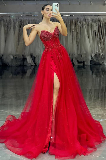 Shinning Red Tulle Sleeveless Sweetheart Strapless Split Prom Dress with Beadings