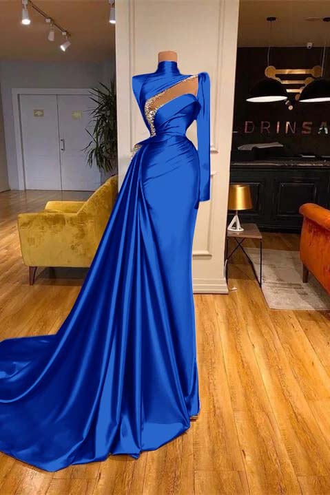 High Neck Long Sleeves Mermaid Prom Dress Beadings With Ruffles