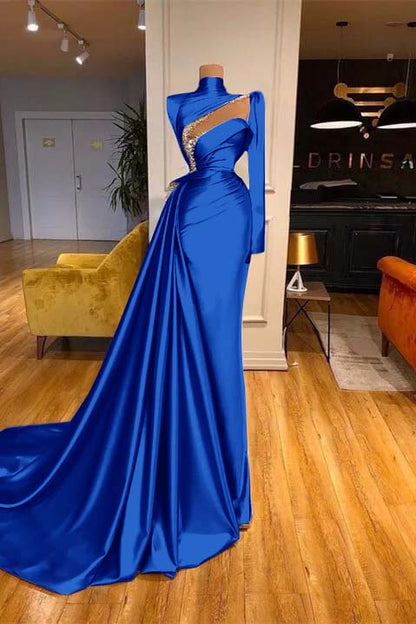 High Neck Long Sleeves Mermaid Prom Dress Beadings With Ruffles