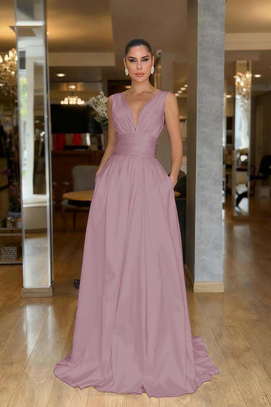Chic Red Satin Spaghtti Strap Sleeveless V Neck Long Prom Dress with Pleated