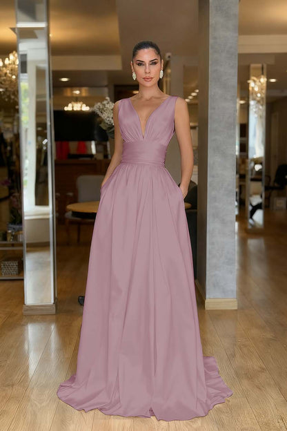 Chic Red Satin Spaghtti Strap Sleeveless V Neck Long Prom Dress with Pleated