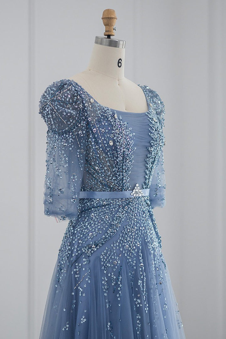 Blue Square Collar A Line Tulle Evening Dress Floor Length With Appliques