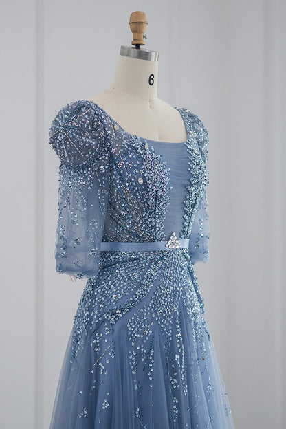 Blue Square Collar A Line Tulle Evening Dress Floor Length With Appliques